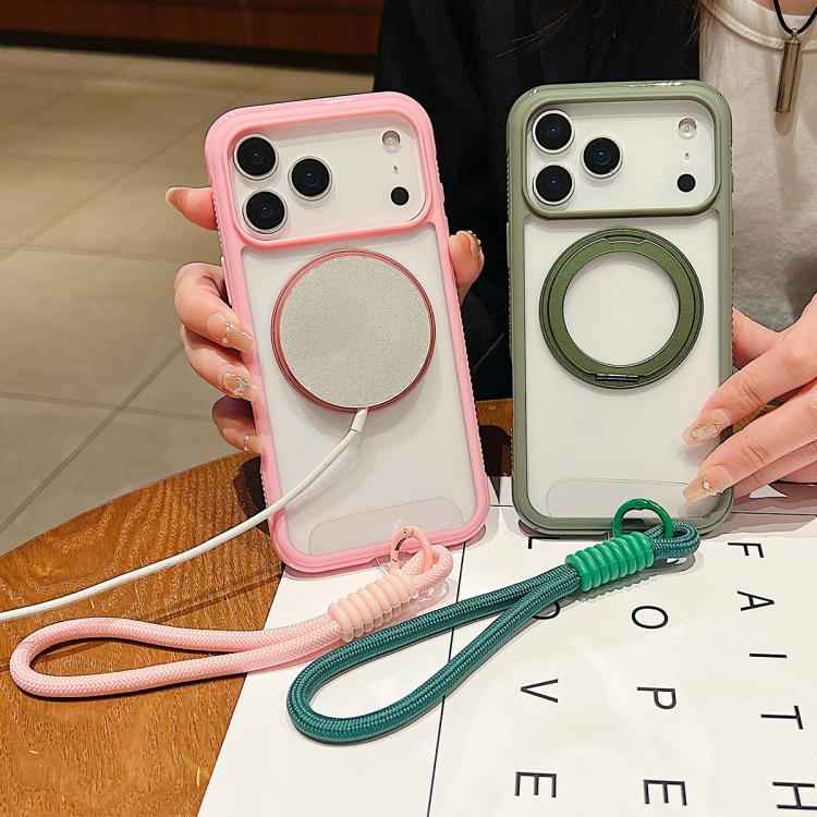 Solid Color Edge Transparency Rotation Holder MagSafe Phone Case with Wrist Strap
