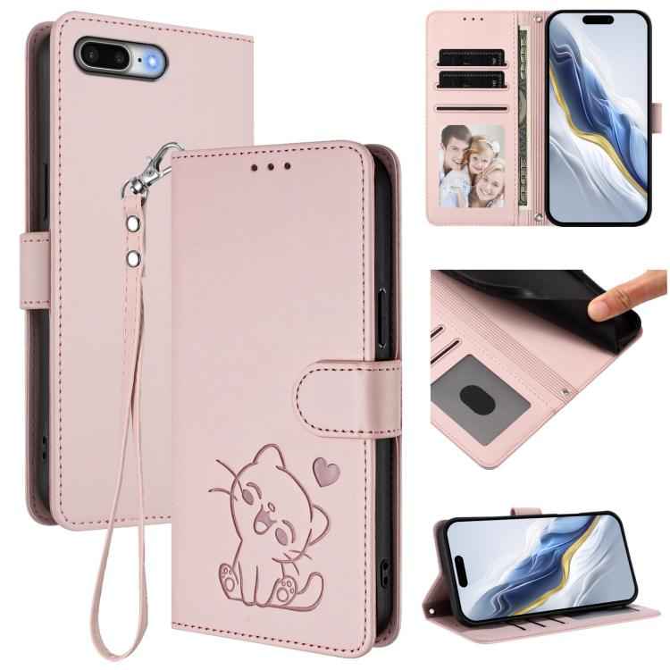 Embossed Heart Cat Leather Phone Case with Hand Strap