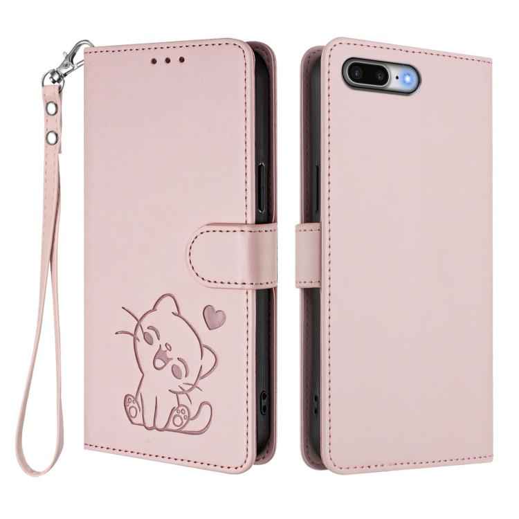 Embossed Heart Cat Leather Phone Case with Hand Strap