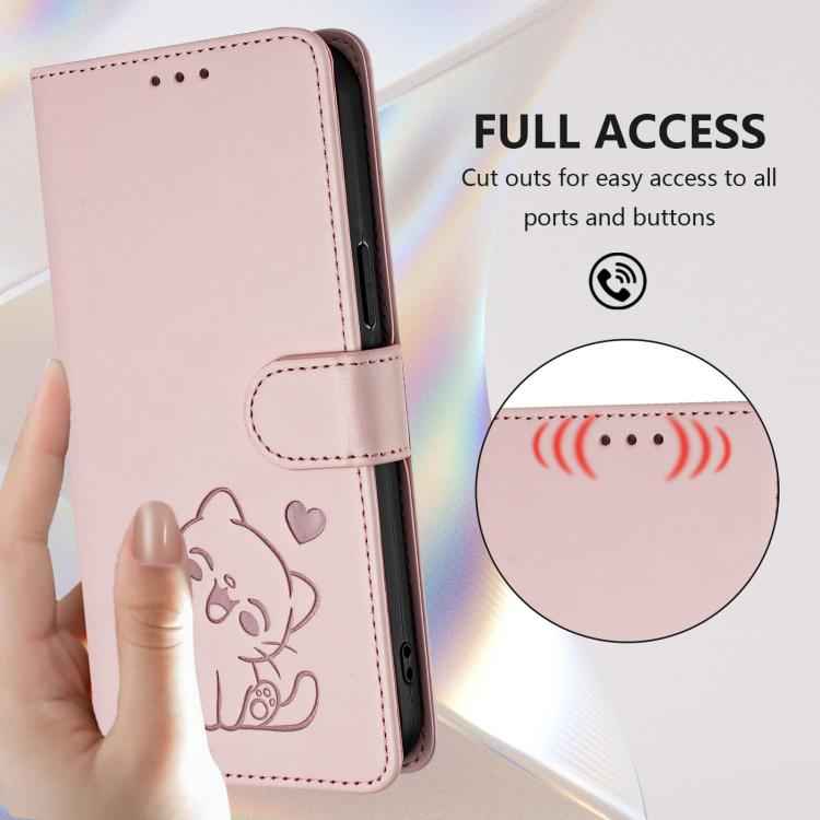 Embossed Heart Cat Leather Phone Case with Hand Strap