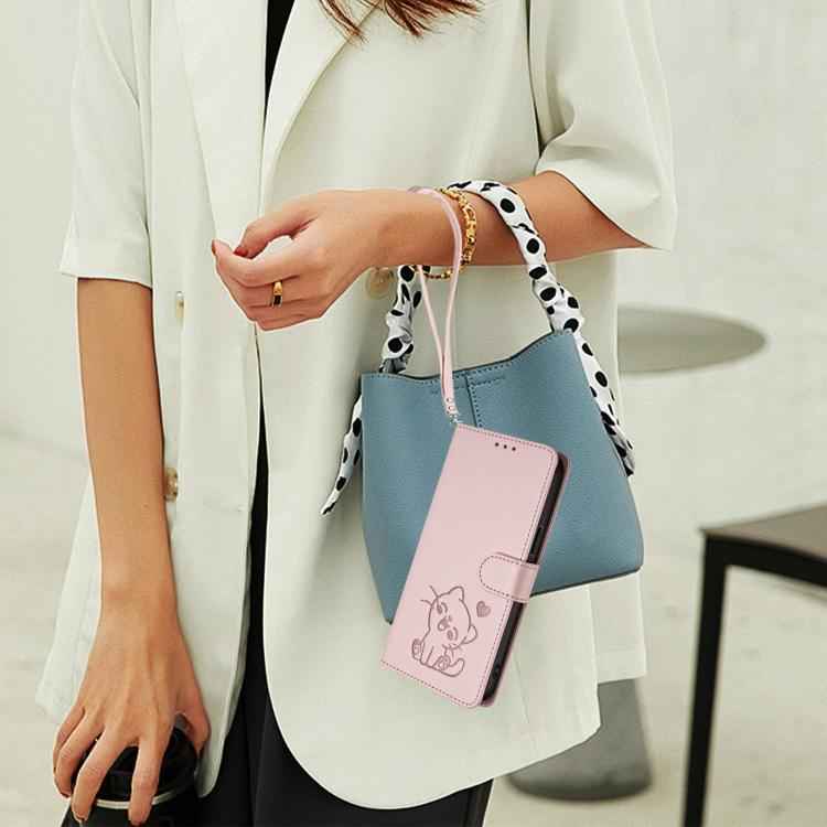 Embossed Heart Cat Leather Phone Case with Hand Strap