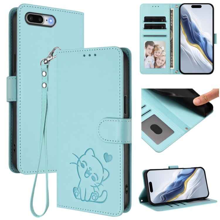 Embossed Heart Cat Leather Phone Case with Hand Strap