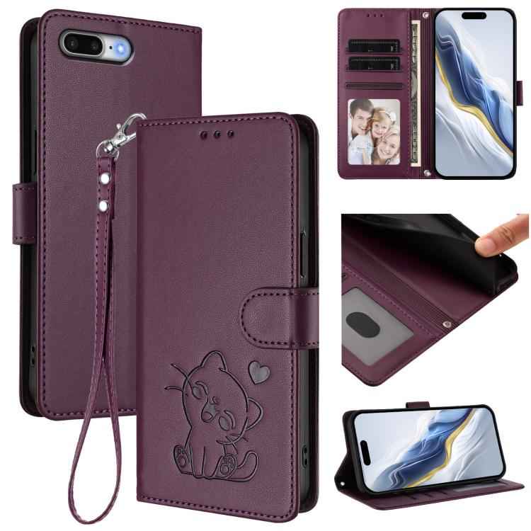 Embossed Heart Cat Leather Phone Case with Hand Strap