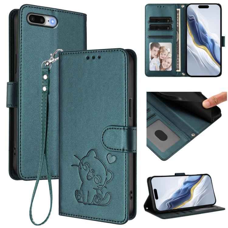 Embossed Heart Cat Leather Phone Case with Hand Strap