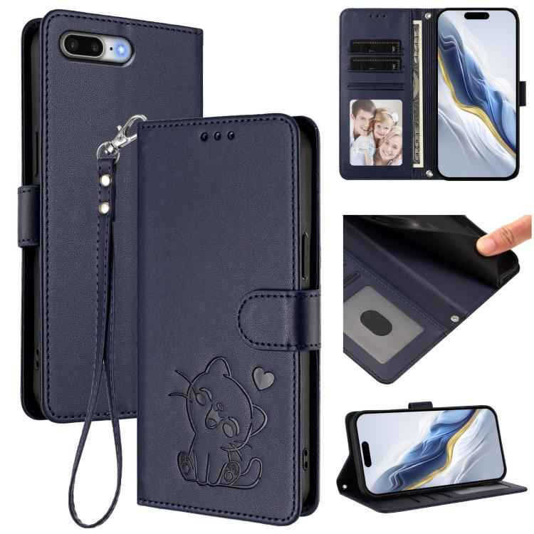 Embossed Heart Cat Leather Phone Case with Hand Strap
