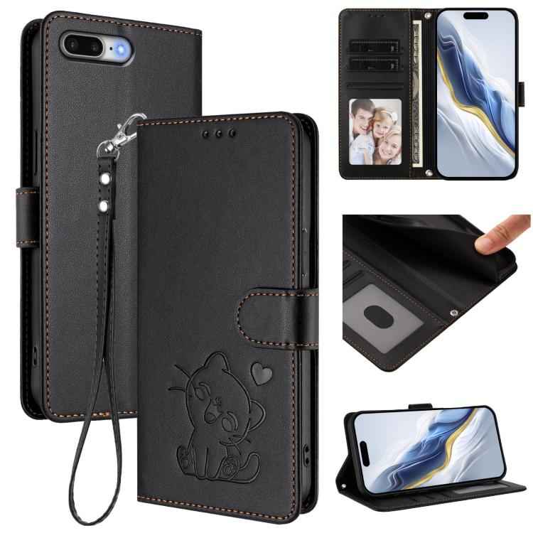 Embossed Heart Cat Leather Phone Case with Hand Strap
