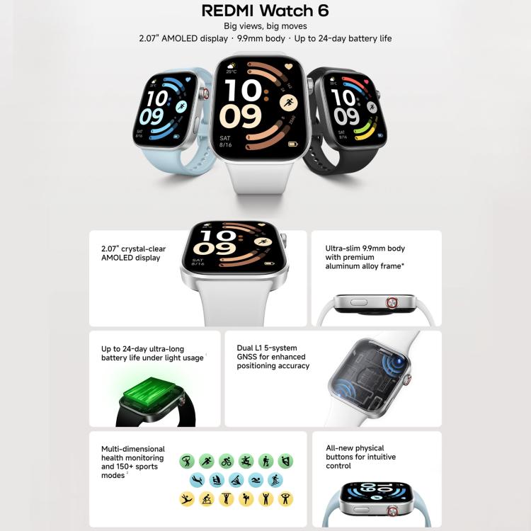 Xiaomi Redmi Watch 6, 2.07 inch AMOLED Screen 5ATM Waterproof, Support Heart Rate / Blood Oxygen Monitor, Redmi Watch 6 (Silver), Redmi Watch 6 (Blue), Redmi Watch 6 (Black)