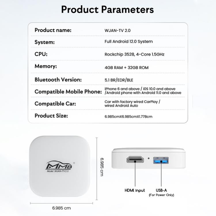 MMB WJAN-TV 2.0 Car AI Box Wired to Wireless Android Auto CarPlay Adapter, WJAN-TV 2.0