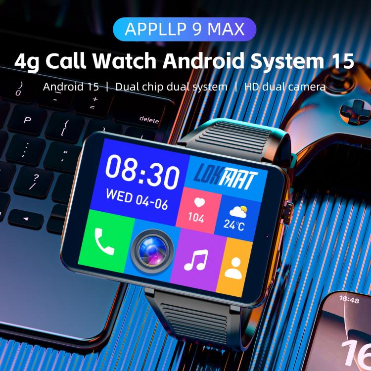 LOKMAT APPLLP 9 MAX 4G Smart Watch, 2.88 inch MTK6769 Octa Core, Android 15, Heart Rate, Blood Oxygen, OTG, GPS, 4GB+64GB
