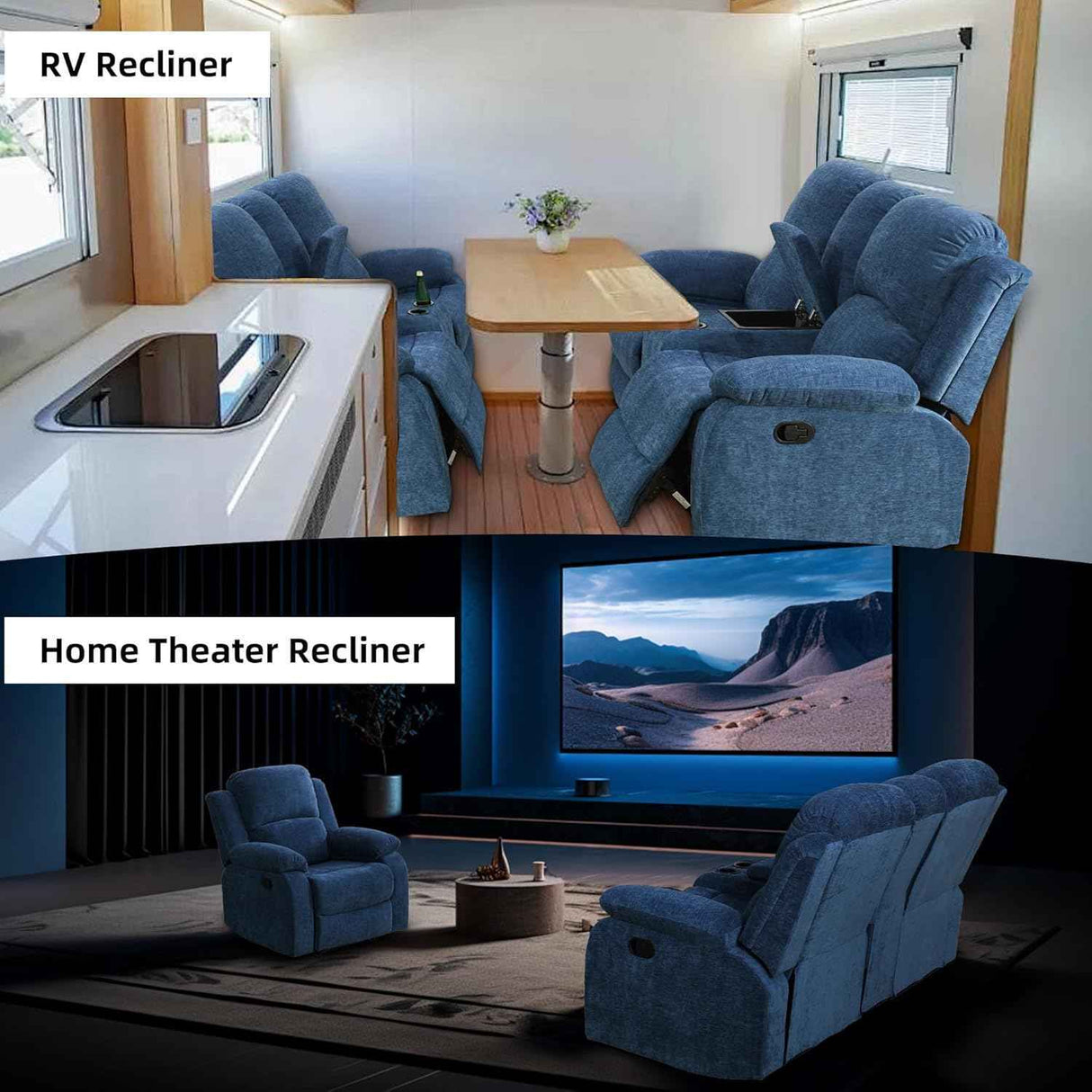 Living Room Furniture Set, Fabric Recliner Sofa Set with Cup Holder/Storage Console, Manual Reclining Sofa Set Recliner Couch for Home/Theater Seating/Office/RV Car (Recliner Loveseat, Blue)