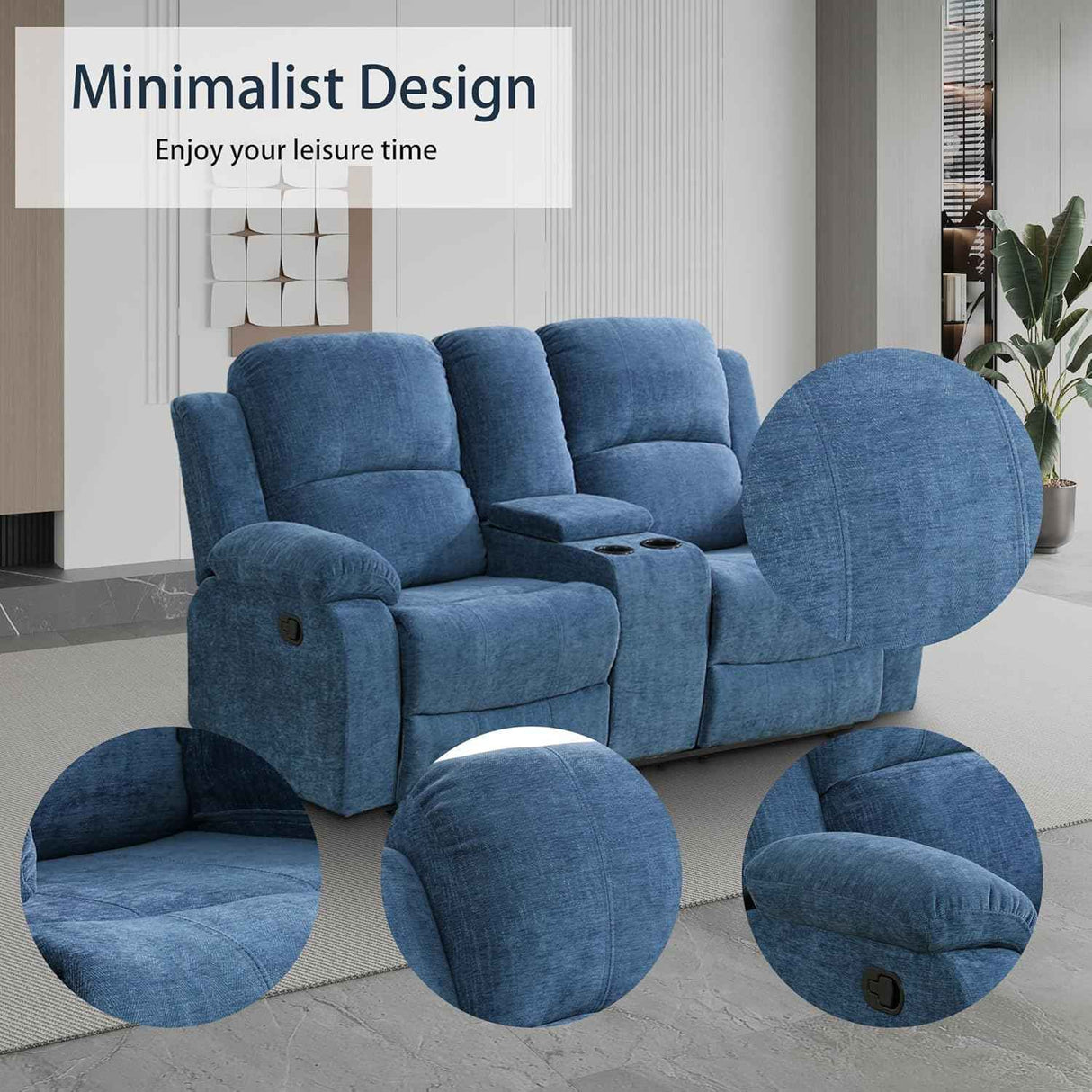 Living Room Furniture Set, Fabric Recliner Sofa Set with Cup Holder/Storage Console, Manual Reclining Sofa Set Recliner Couch for Home/Theater Seating/Office/RV Car (Recliner Loveseat, Blue)