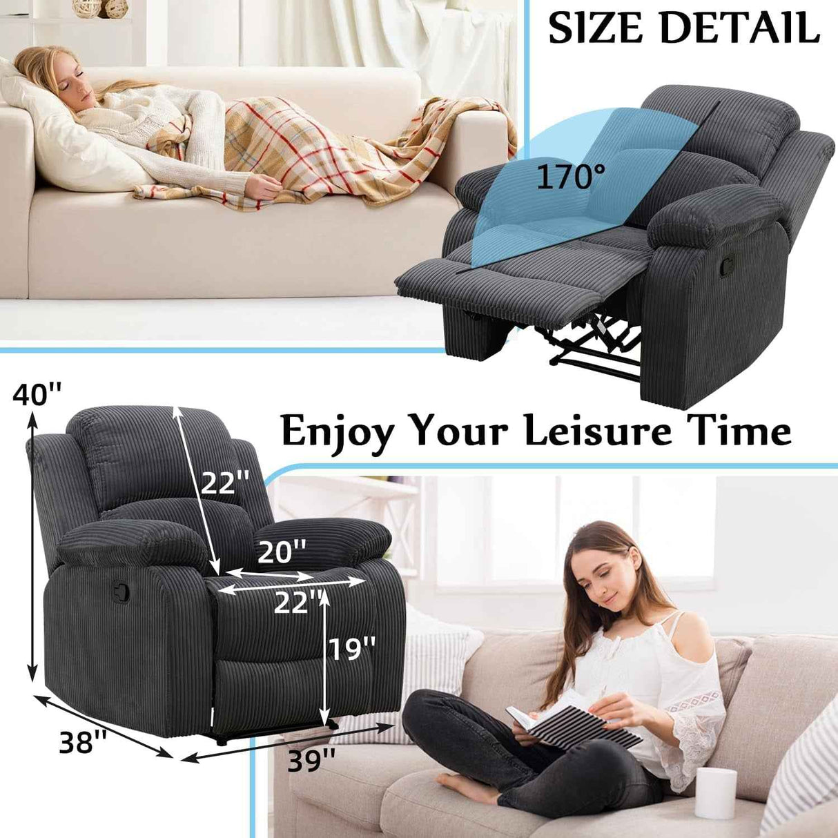 LYDARZ Multifunctional Corduroy Recliner Chair - 115°-160° Adjustable, Ergonomic & Heavy-Duty