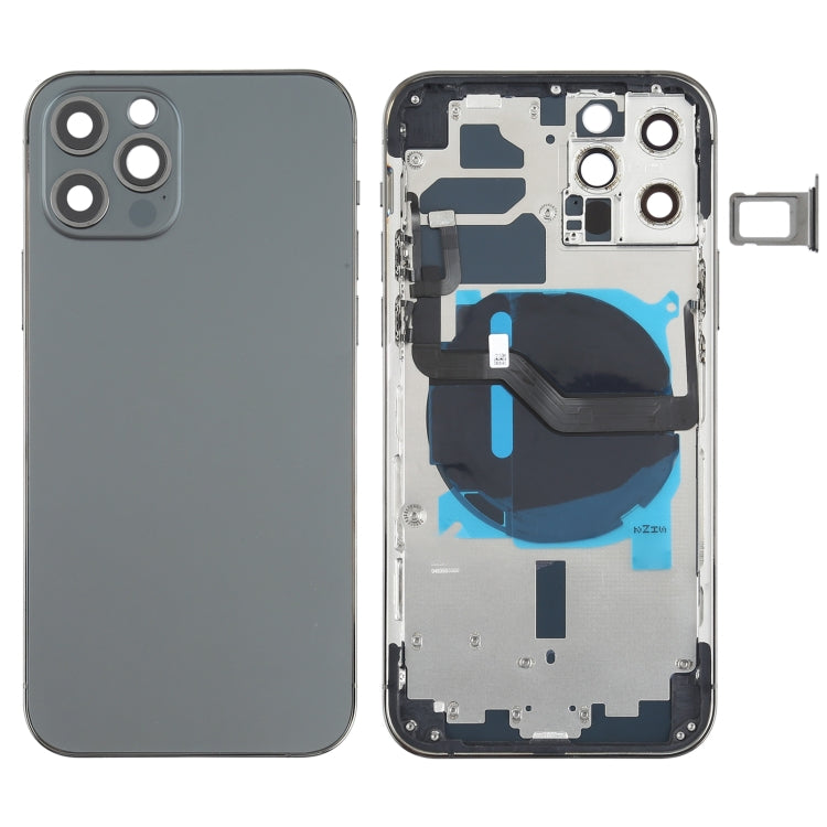 Reemplazo de tapa trasera de batería para iPhone 12 Pro con teclas laterales, bandeja para tarjetas, cable flexible de encendido/volumen y módulo de carga inalámbrica