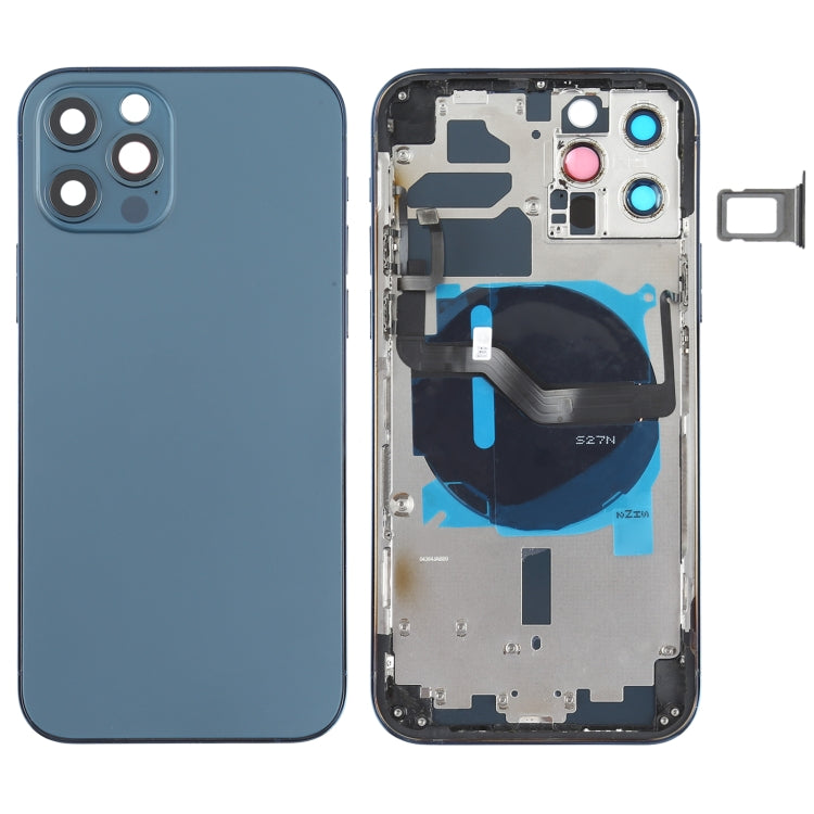 Reemplazo de tapa trasera de batería para iPhone 12 Pro con teclas laterales, bandeja para tarjetas, cable flexible de encendido/volumen y módulo de carga inalámbrica