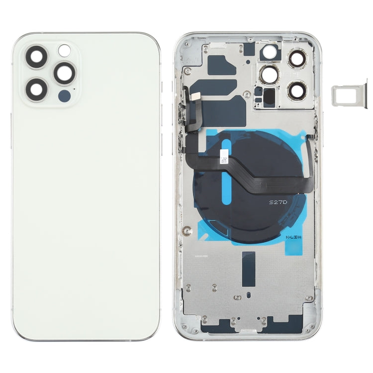 Reemplazo de tapa trasera de batería para iPhone 12 Pro con teclas laterales, bandeja para tarjetas, cable flexible de encendido/volumen y módulo de carga inalámbrica