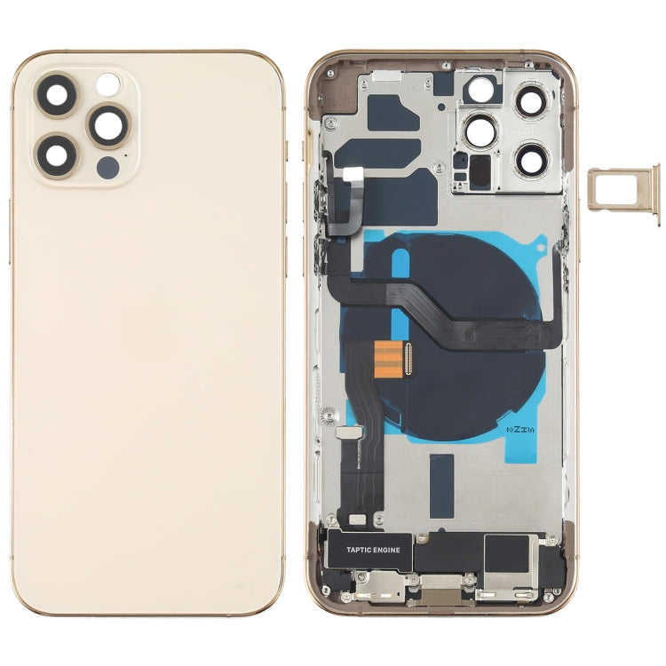Tapa trasera de batería para iPhone 12 Pro con botones, altavoz, lente de cámara, puerto de carga y módulo inalámbrico en negro y dorado
