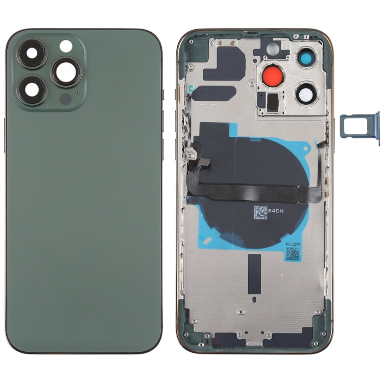 Conjunto de tapa trasera de batería para iPhone 13 Pro Max con teclas laterales, bandeja para tarjetas, cable flexible de encendido y volumen, y módulo de carga inalámbrica