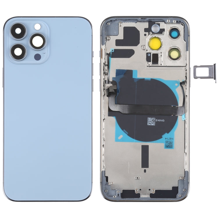 Conjunto de tapa trasera de batería para iPhone 13 Pro Max con teclas laterales, bandeja para tarjetas, cable flexible de encendido y volumen, y módulo de carga inalámbrica