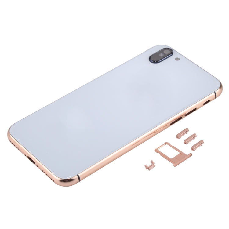 5-in-1 Metal Housing for iPhone 6-12, Includes Back Cover, Buttons, Mute Switch, and Card Tray (Gold+White, No Headphone Jack)