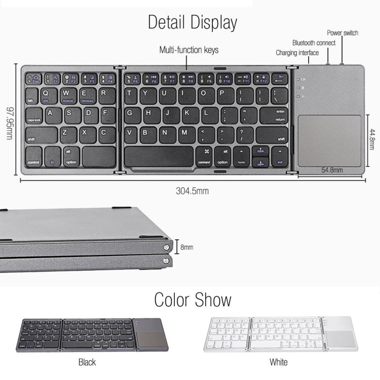 B033 Bluetooth Wireless Fodable Keyboard - Rechargeable 3-Folding Design with 64 Keys for Ultimate Portability