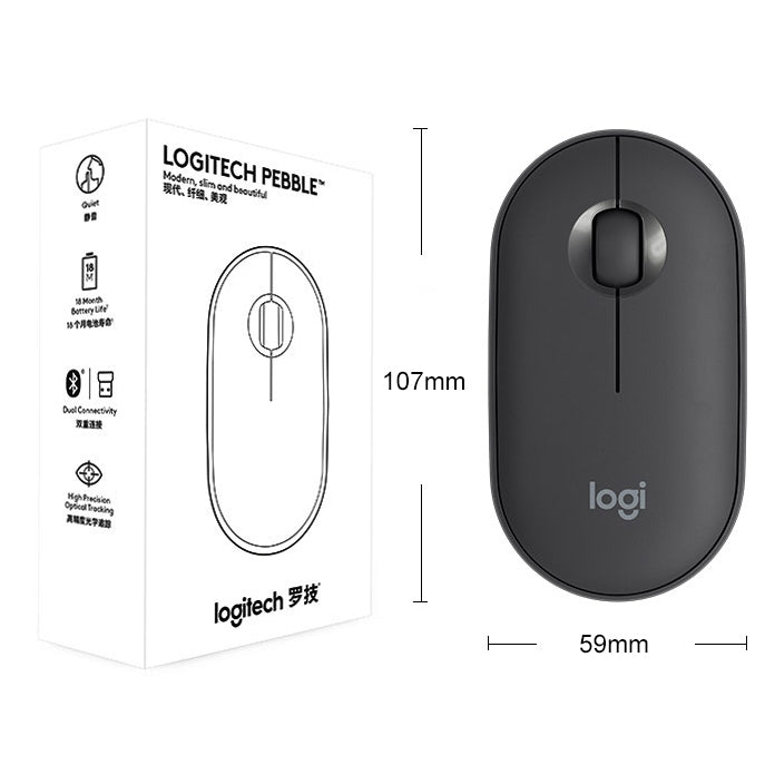 Logitech Pebble Wireless Mouse - Cobblestone Shape, Thin Design, 3 Keys, 1000 DPI, Mute, Bluetooth Optical