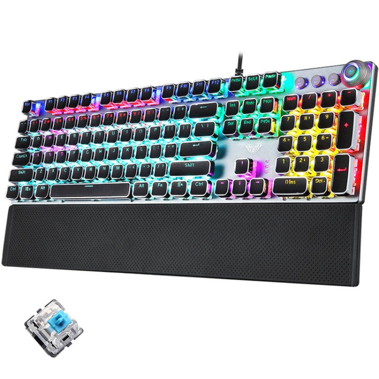 Teclado mecánico para juegos AULA F2088: 108 teclas con revestimiento de luz mixta, interruptores azules y conexión USB con cable.