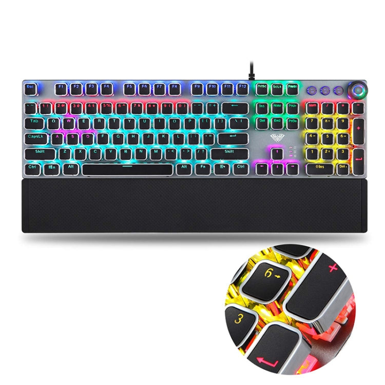 Teclado mecánico para juegos AULA F2088: 108 teclas con revestimiento de luz mixta, interruptores azules y conexión USB con cable.