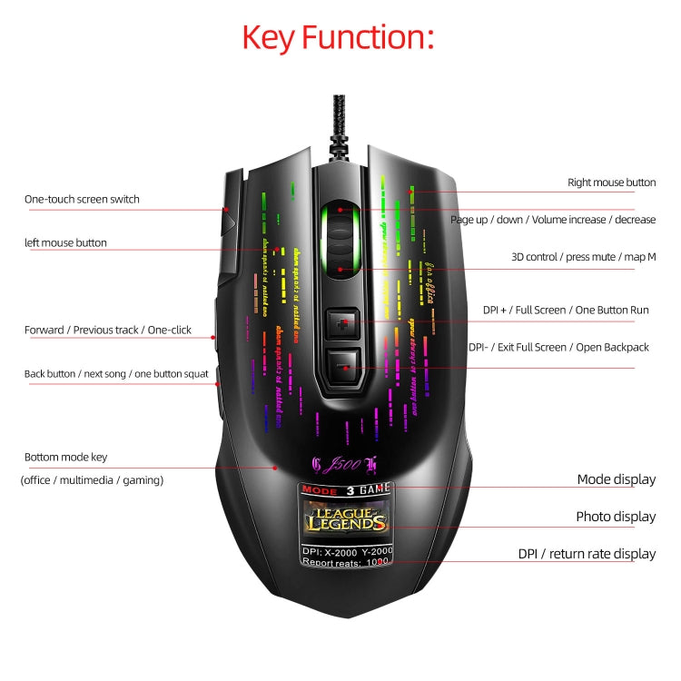 HXSJ J500 7 Keys RGB Programmable Display Screen Gaming Wired Mouse, J500 - LYDARZ
