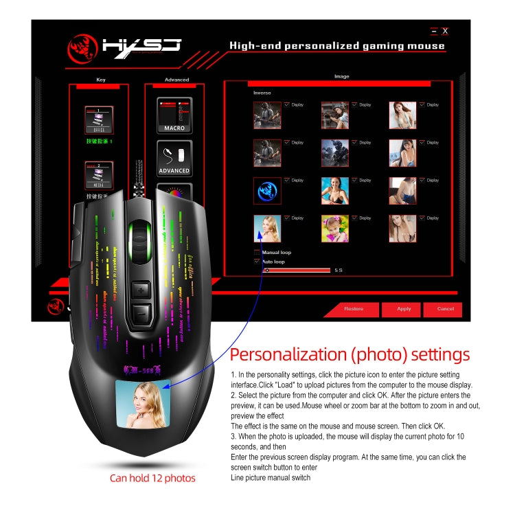 HXSJ J500 7 Keys RGB Programmable Display Screen Gaming Wired Mouse, J500 - LYDARZ