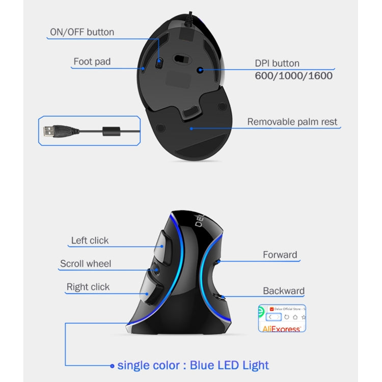 Ratón óptico vertical ergonómico DELUX M618 Plus con cable, versión azul
