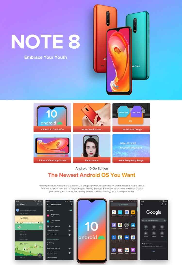Ulefone Note 8 3G, Dual Rear Cameras, Face ID Identification, 5.5 inch, Android 10.0 GO MKT6580 Quad-core, Dual SIM
