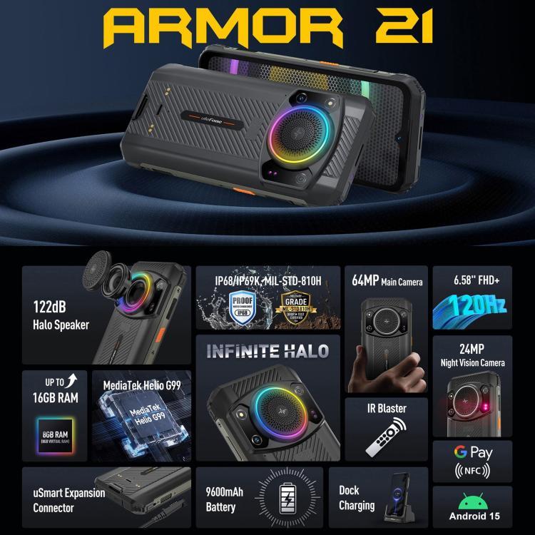 Armor 21 Rugged Smartphone with Dual Cameras, IP68/IP69K Waterproof, 6.58 inch Android 13, Face ID & Fingerprint, MediaTek Helio G99, Global Version