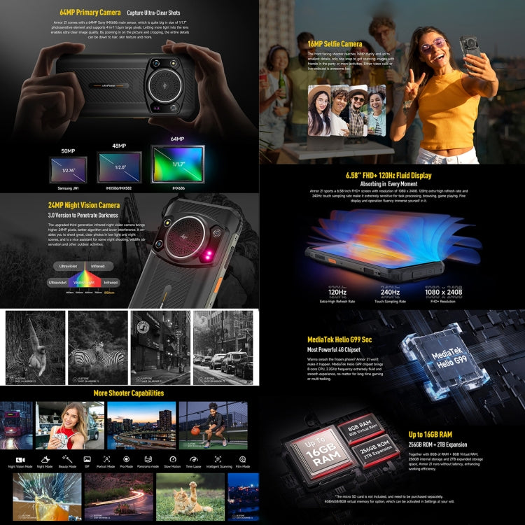 Armor 21 Rugged Smartphone with Dual Cameras, IP68/IP69K Waterproof, 6.58 inch Android 13, Face ID & Fingerprint, MediaTek Helio G99, Global Version