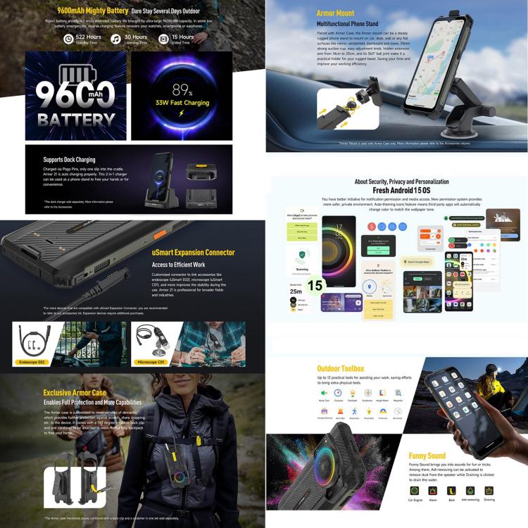 Armor 21 Rugged Smartphone with Dual Cameras, IP68/IP69K Waterproof, 6.58 inch Android 13, Face ID & Fingerprint, MediaTek Helio G99, Global Version