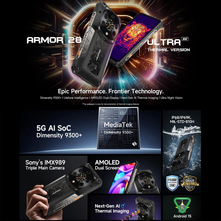 Teléfono resistente Ulefone Armor 28 Ultra Thermal: 16 GB + 1 TB, visión nocturna, 10600 mAh, pantalla de 6,67 pulgadas, Android 14, MediaTek Dimensity 9300+ de ocho núcleos, 5G, NFC
