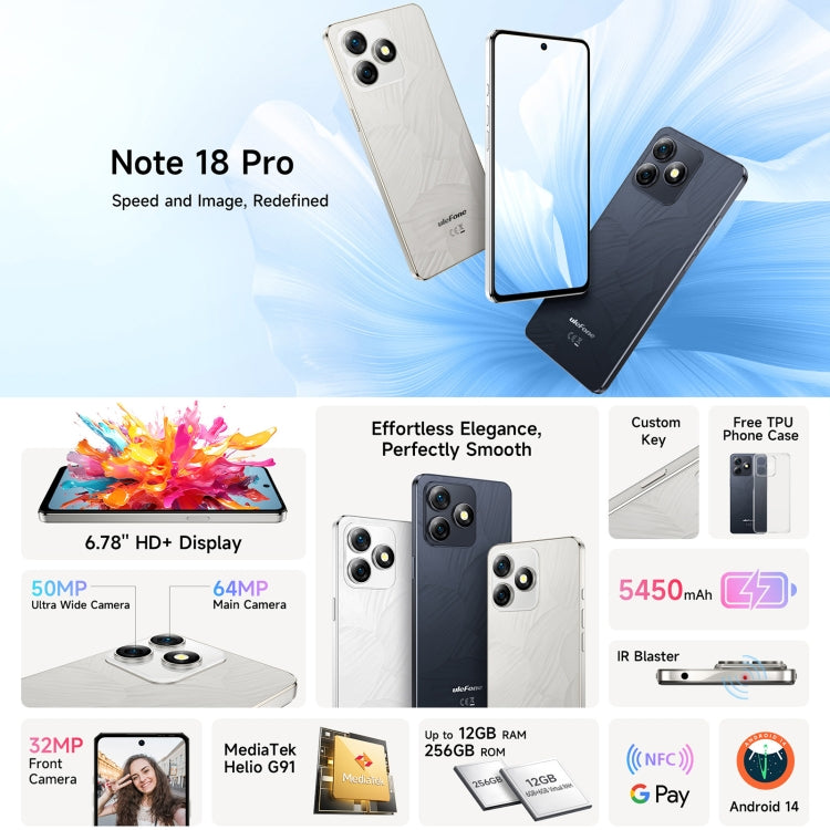 Ulefone Note 18 Pro, 6GB+256GB, Face ID & Side Fingerprint, 6.78 inch Android 14 MediaTek Helio G91