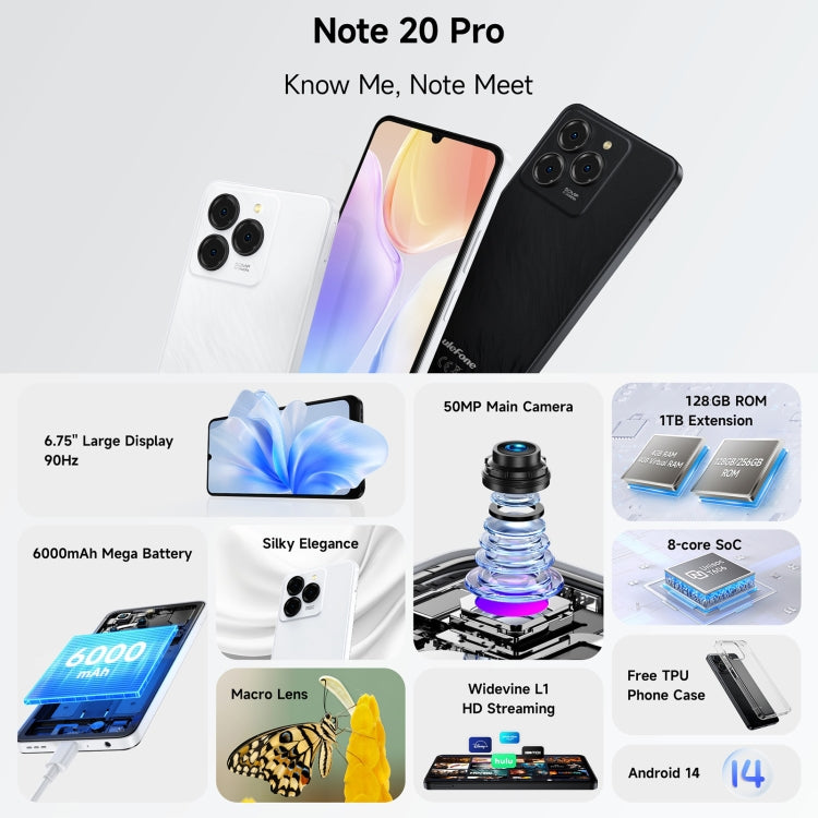 Ulefone Note 20 Pro, 4GB+128GB, Face ID & Side Fingerprint, 6000mAh, 6.75 inch Android 14 Unisoc T606 Octa Core