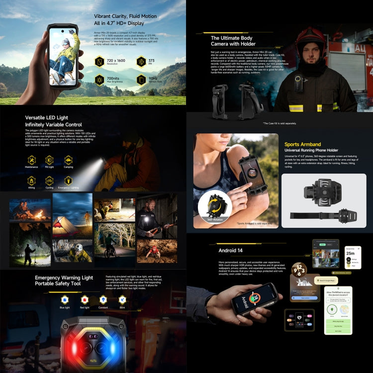 Ulefone Armor Mini 20, Night Vision, 8GB+256GB, Rugged Phone, 4.7 inch Android 14 MediaTek Dimensity 6300 Octa Core