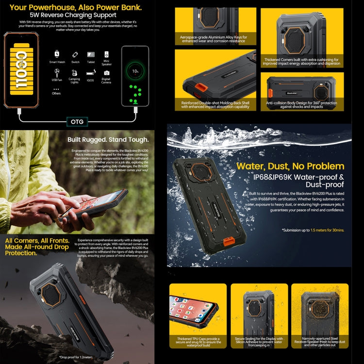 Blackview BV6200 Plus, 8GB+256GB, IP68/IP69K/MIL-STD-810H, 11000mAh, 6.56 inch Android 14 Unisoc UMS9230 T606