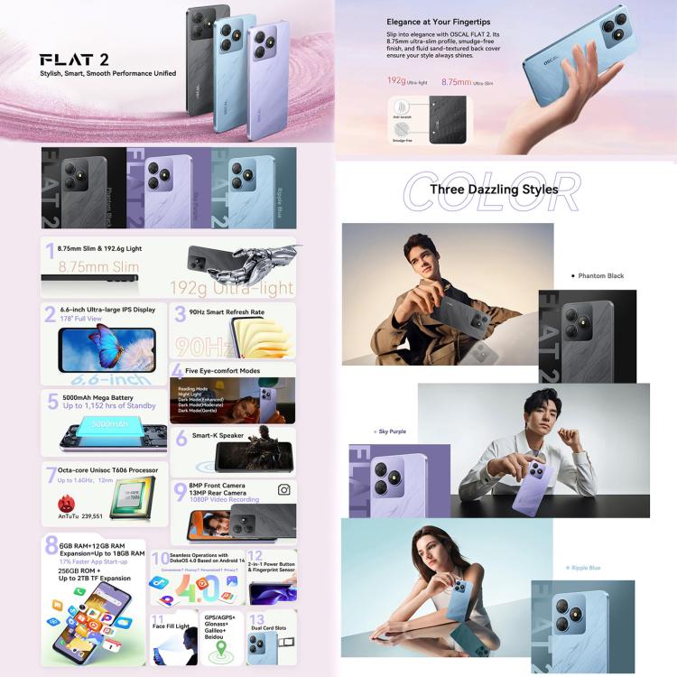 Blackview Oscal FLAT 2, 6.6 inch, 6GB+256GB, 5000 mAh, Android 14 Unisoc T606 Octa Core