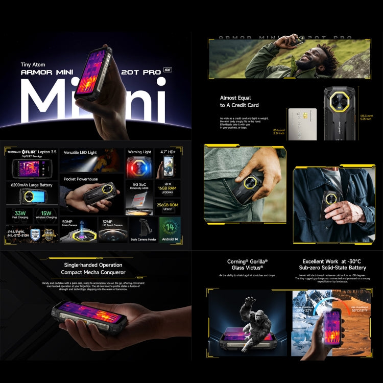 Ulefone Armor Mini 20T Pro 5G, Thermal Imaging, 8GB+256GB, IP68/IP69K Rugged Phone, 4.7 inch Android 14 MediaTek Dimensity 6300