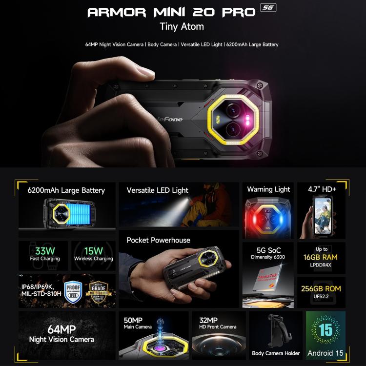 Ulefone Armor Mini 20 Pro - 8GB+256GB Rugged Phone with IP68/IP69K, 4.7" Android 14, MediaTek Dimensity 6300 5G, NFC, OTG