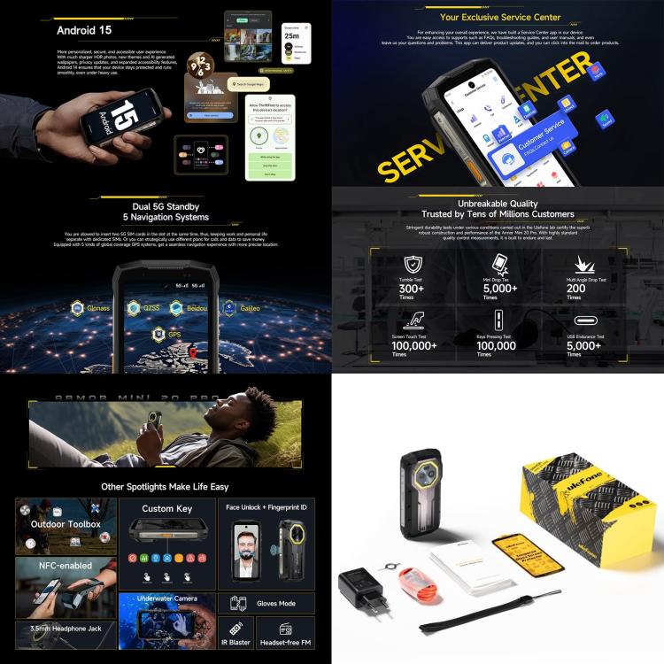 Ulefone Armor Mini 20 Pro - 8GB+256GB Rugged Phone with IP68/IP69K, 4.7" Android 14, MediaTek Dimensity 6300 5G, NFC, OTG