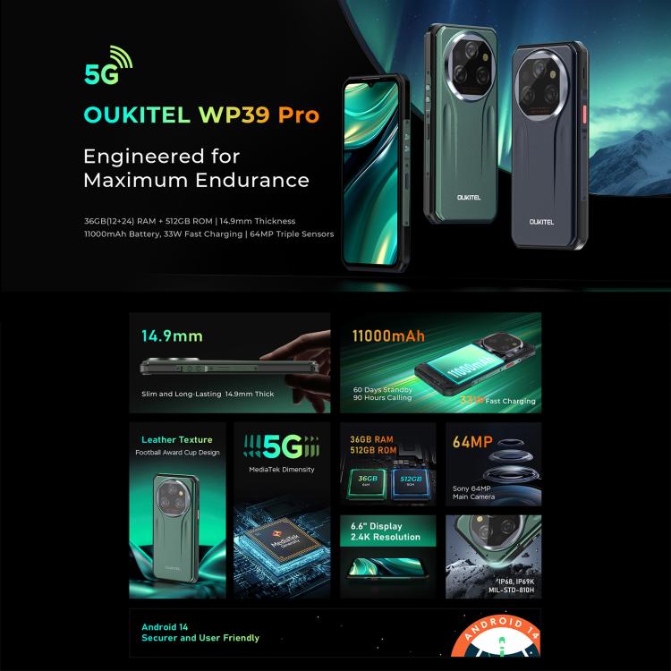 Oukitel WP39 Pro 5G Rugged Phone, 12GB+512GB, Night Vision, Fingerprint Identification, 6.6 inch Android 14 MediaTek Dimensity 6300