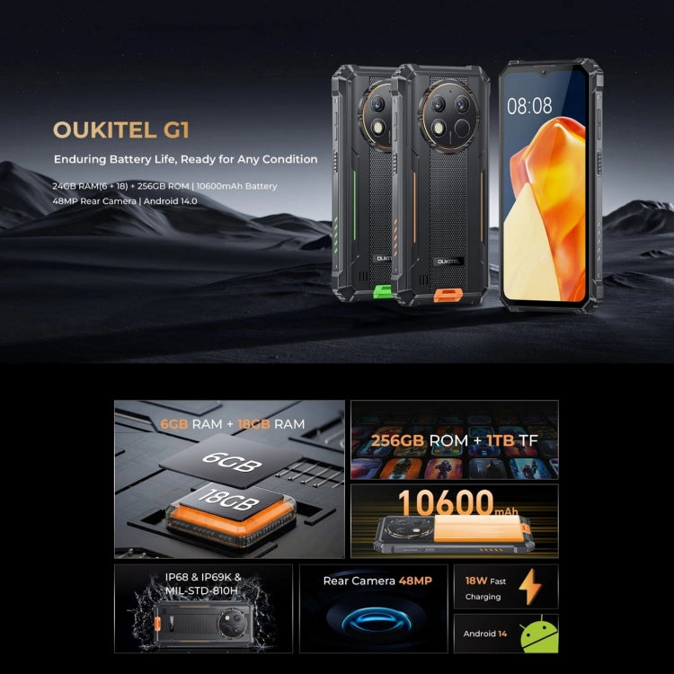 Oukitel G1 Rugged Phone - 6GB RAM, 256GB Storage, Fingerprint ID, 6.52" Android 14, T606 Octa Core, NFC, OTG, 4G Network