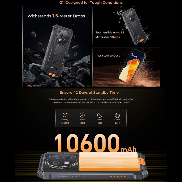 Oukitel G1 Rugged Phone - 6GB RAM, 256GB Storage, Fingerprint ID, 6.52" Android 14, T606 Octa Core, NFC, OTG, 4G Network