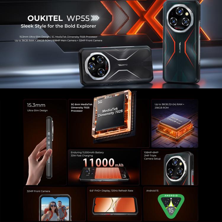 Teléfono robusto Oukitel WP55 5G: 12 GB + 256 GB, cámara de 108 MP, MediaTek Dimensity 7025, NFC, OTG
