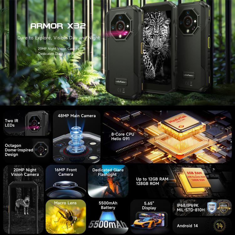Ulefone Armor X32 Rugged Phone - 6GB+128GB, Night Vision, 5.65 inch Android 14, MediaTek Helio G91, 4G, NFC, OTG