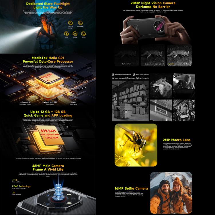 Ulefone Armor X32 Rugged Phone - 6GB+128GB, Night Vision, 5.65 inch Android 14, MediaTek Helio G91, 4G, NFC, OTG