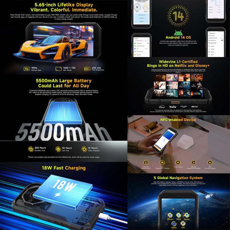 Ulefone Armor X32 Rugged Phone - 6GB+128GB, Night Vision, 5.65 inch Android 14, MediaTek Helio G91, 4G, NFC, OTG
